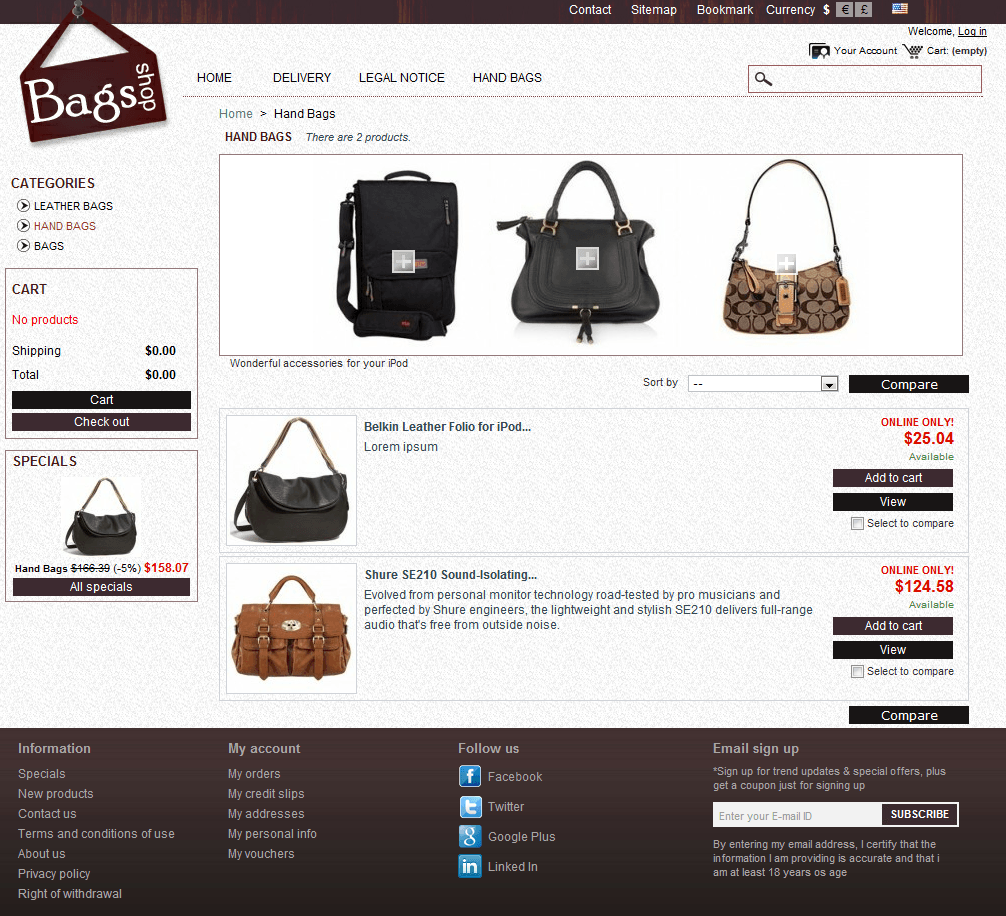 PrestaShop Bag Shop template
