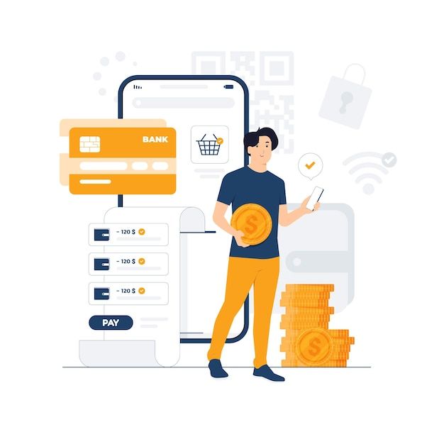 E wallet digital payment online transaction with a man standing and holding mobile phone concept illustration Premium Vector